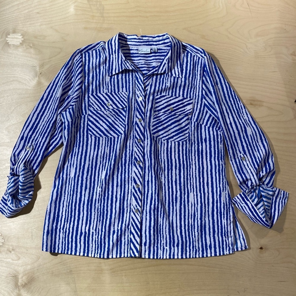 Kim Rogers Blue and White Striped Button Down Shirt Large (QT)